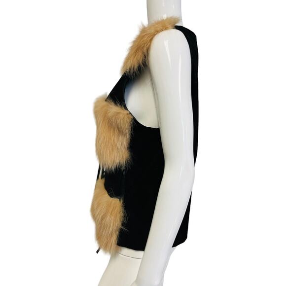 ALBERTO MAKALI Black/Brown 100% Fox Fur And Suede Sleeveless Jacket Size L - Picture 2 of 5